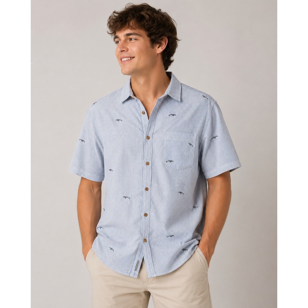 PD&C Mens Blue White Striped Whale Print Short Sleeve Button Down Shirt Large